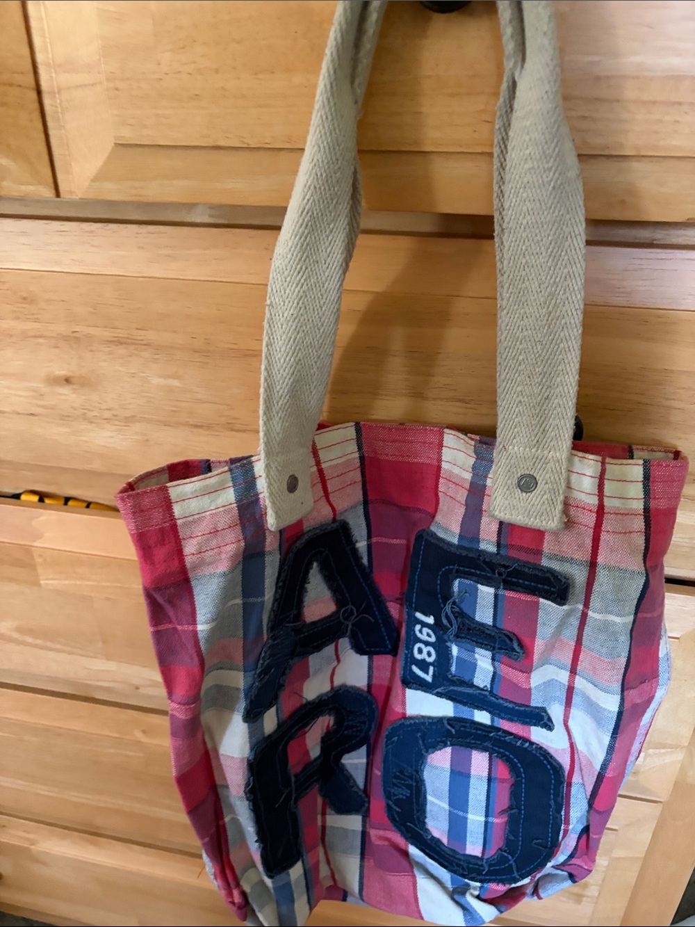 Aeropostale Red Blue Plaid Canvas Tote with Cream Straps
